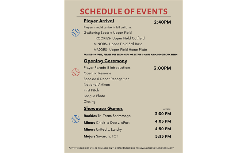 Opening Day Schedule of Events